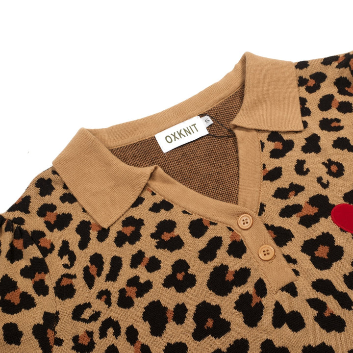 Women's Khaki Retro American Heart Embroidery Jacquard Knit T-Shirt