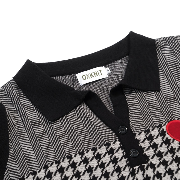 Dames Zwarte Retro Houndstooth Jacquard Gebreide T-Shirt