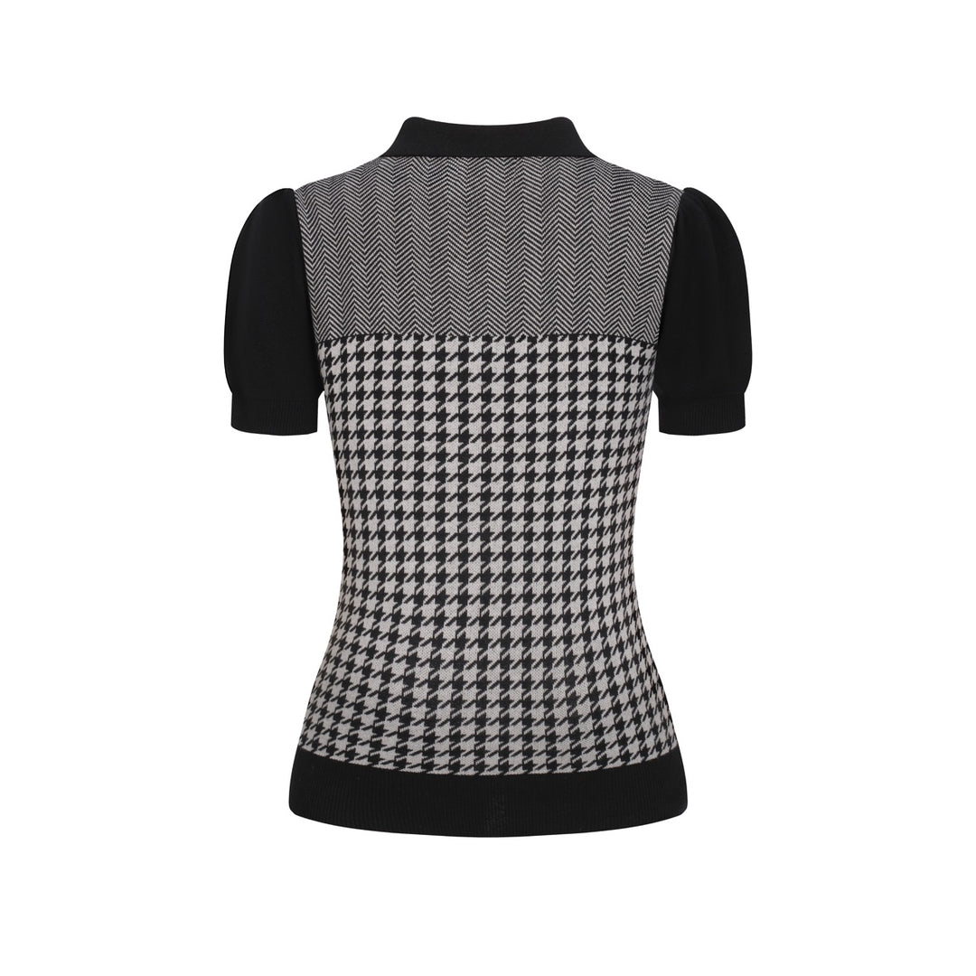 Dames Zwarte Retro Houndstooth Jacquard Gebreide T-Shirt