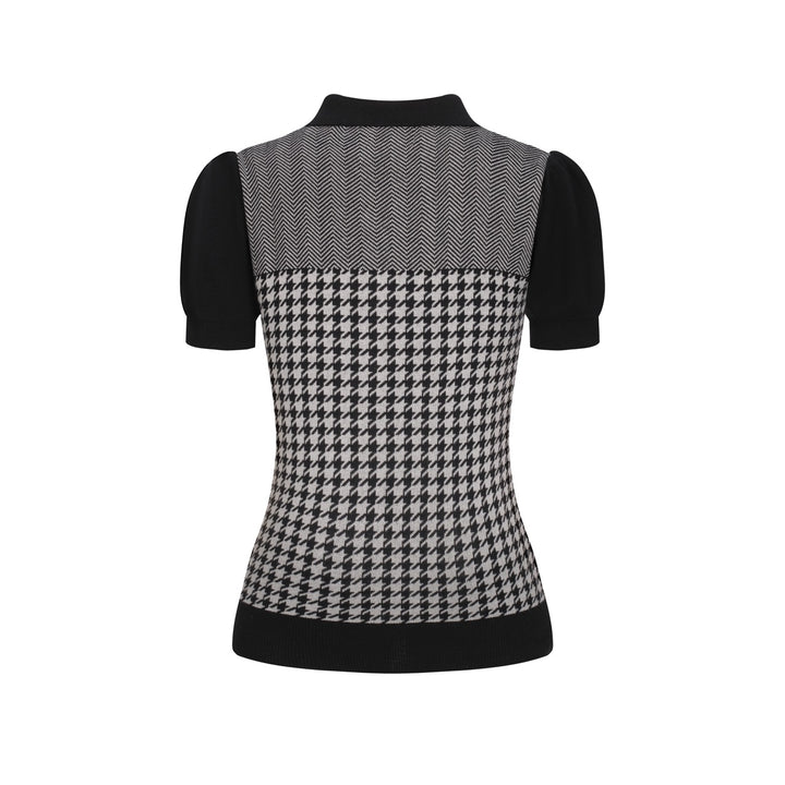 Dames Zwarte Retro Houndstooth Jacquard Gebreide T-Shirt