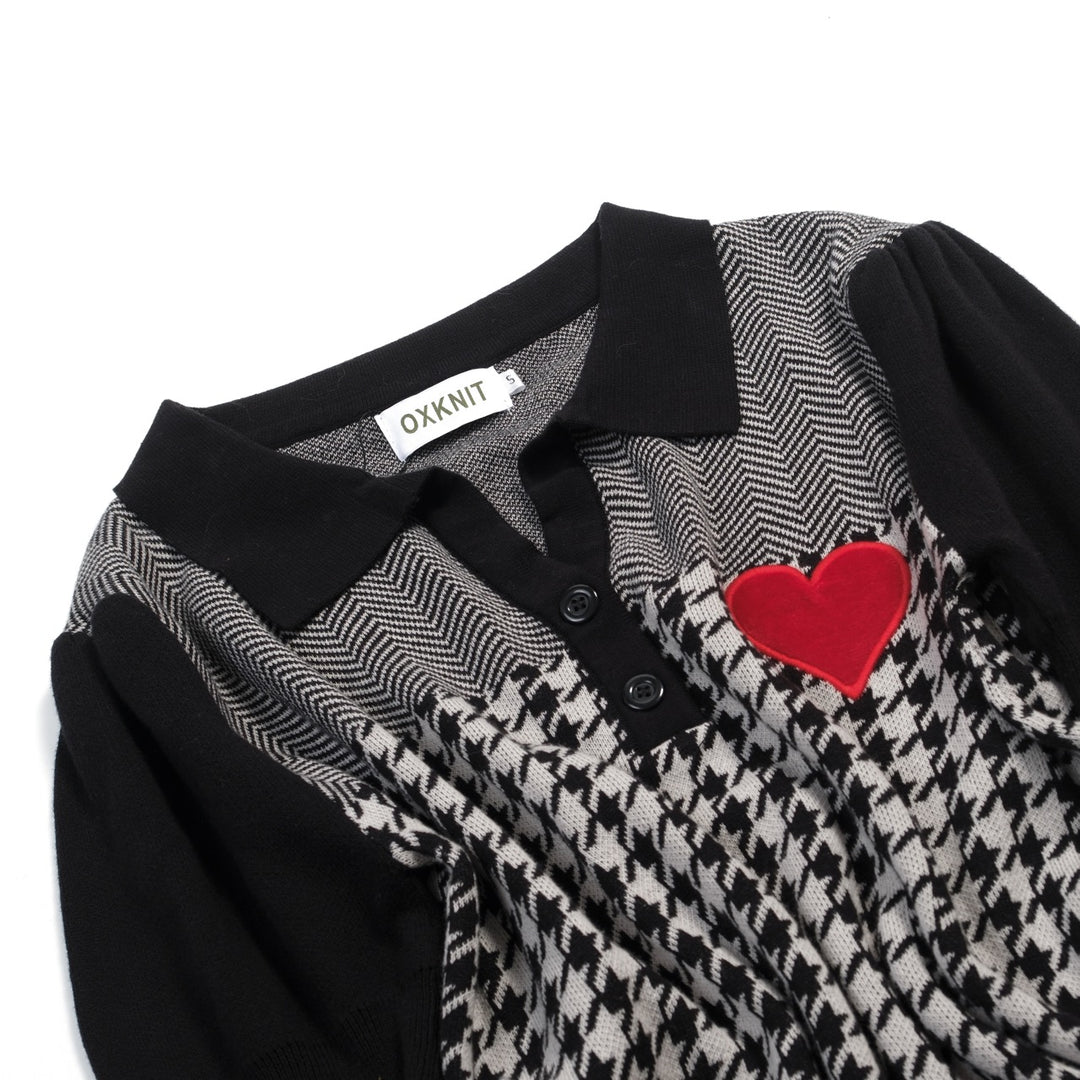 Dames Zwarte Retro Houndstooth Jacquard Gebreide T-Shirt