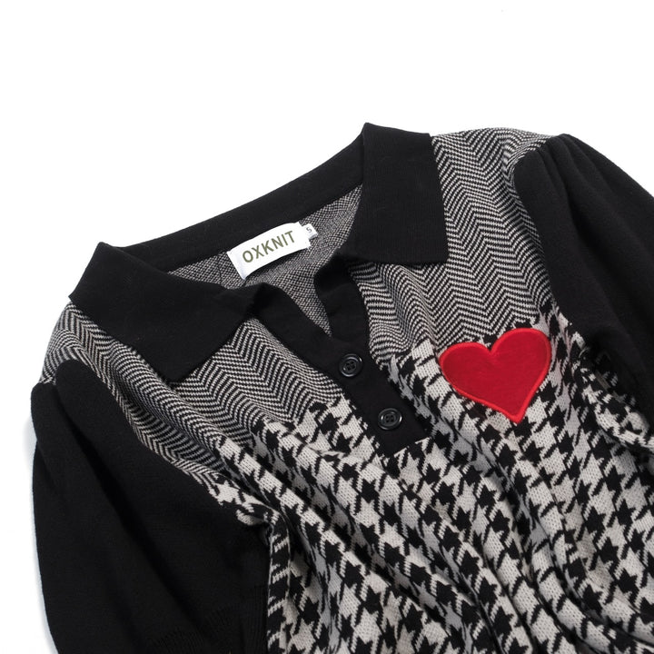 Dames Zwarte Retro Houndstooth Jacquard Gebreide T-Shirt