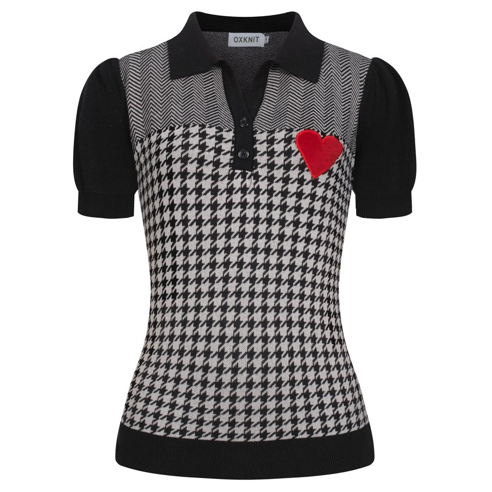 Dames Zwarte Retro Houndstooth Jacquard Gebreide T-Shirt
