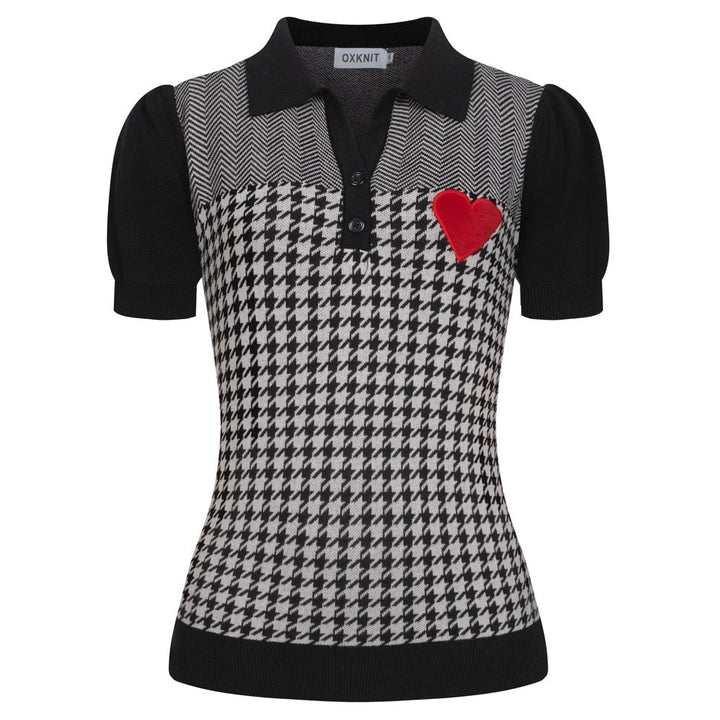 Dames Zwarte Retro Houndstooth Jacquard Gebreide T-Shirt