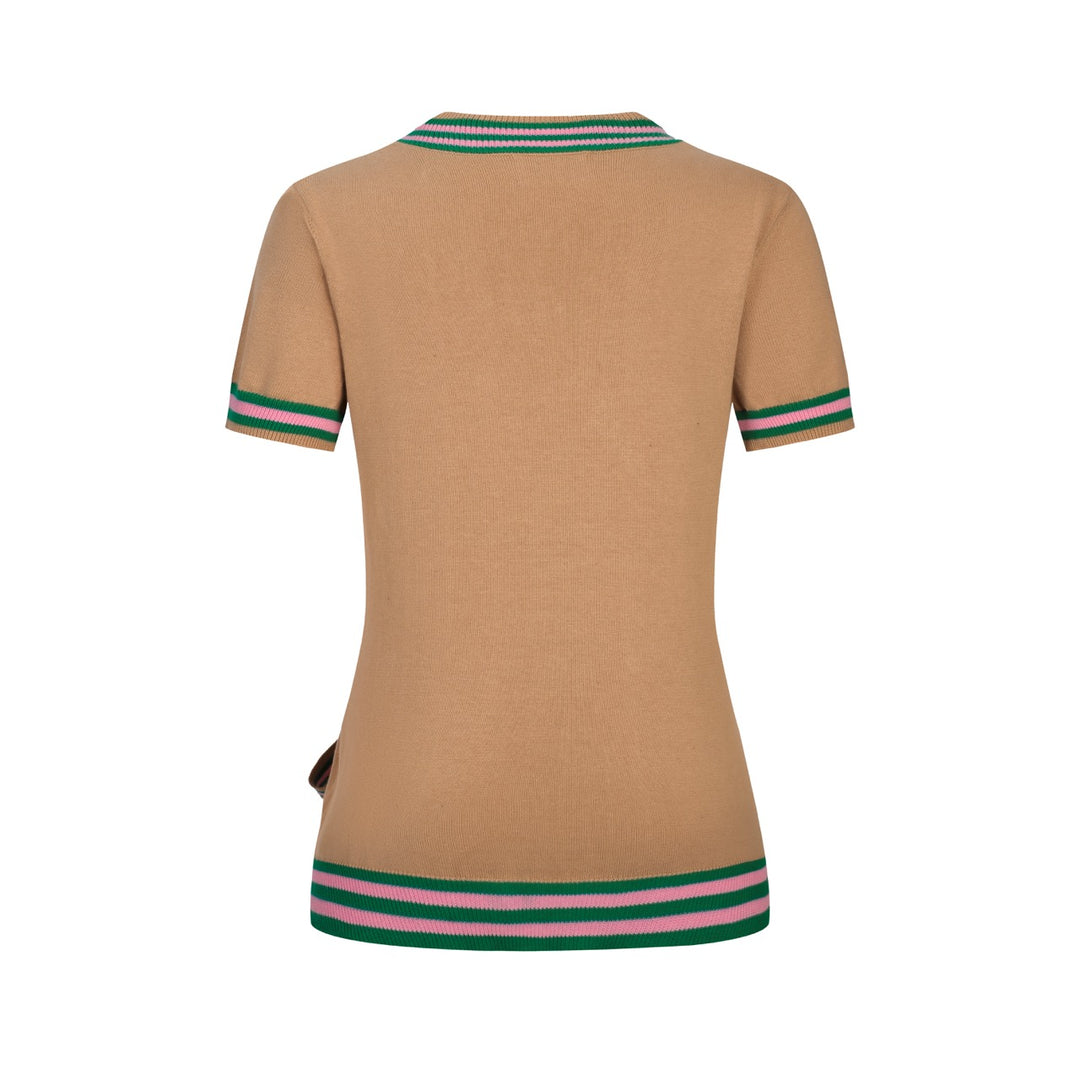 Kaki damesvest met retro-zomerse kokospalm en geborduurd lint in de taille