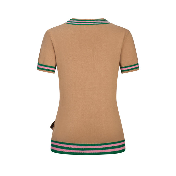Kaki damesvest met retro-zomerse kokospalm en geborduurd lint in de taille
