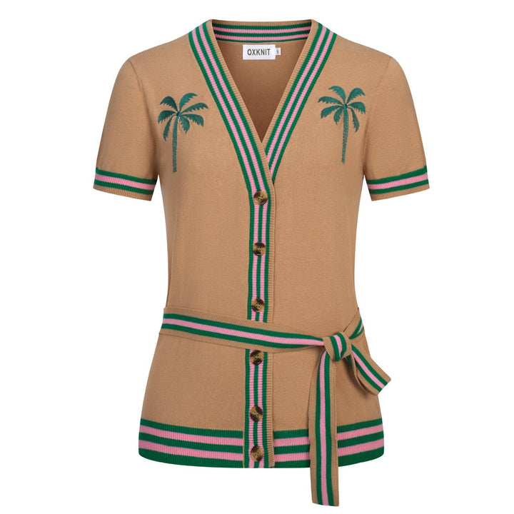 Kaki damesvest met retro-zomerse kokospalm en geborduurd lint in de taille