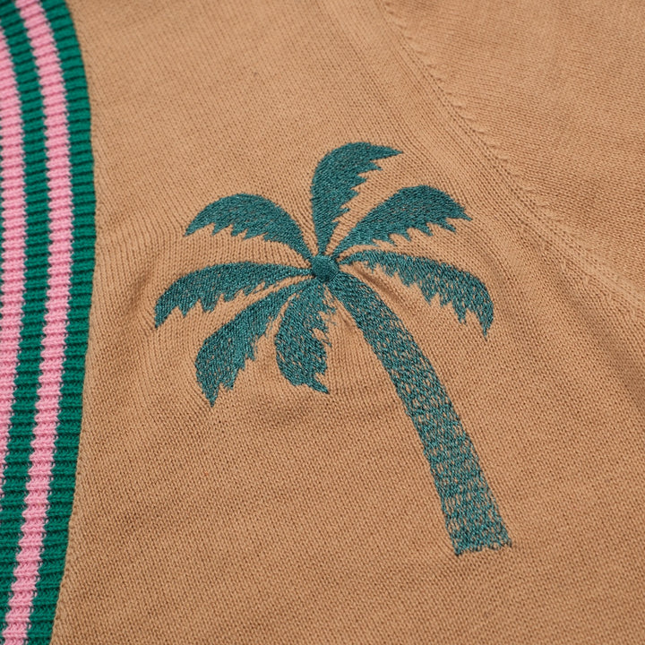 Kaki damesvest met retro-zomerse kokospalm en geborduurd lint in de taille