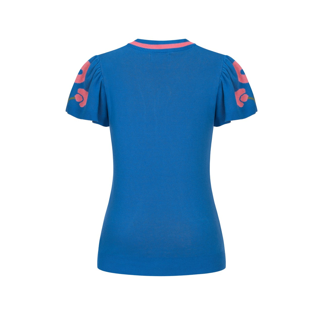 Dame Blå Retro T-shirt med Flæseærmer og Blomstret Jacquardstrik