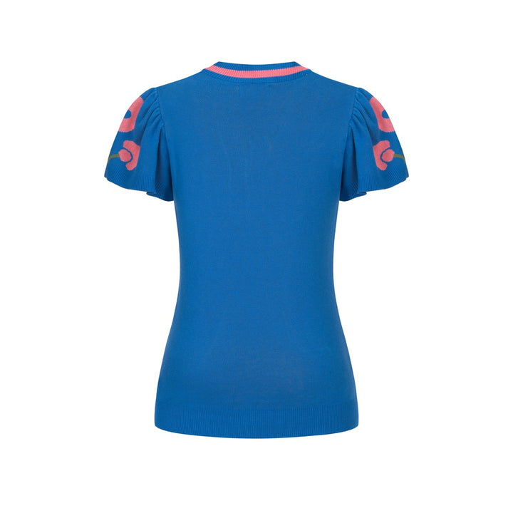 Dame Blå Retro T-shirt med Flæseærmer og Blomstret Jacquardstrik