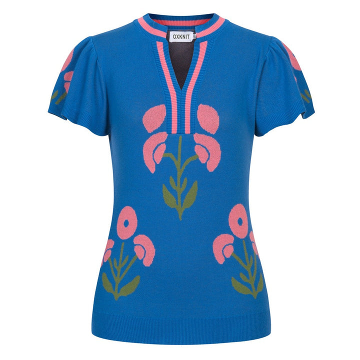Dame Blå Retro T-shirt med Flæseærmer og Blomstret Jacquardstrik