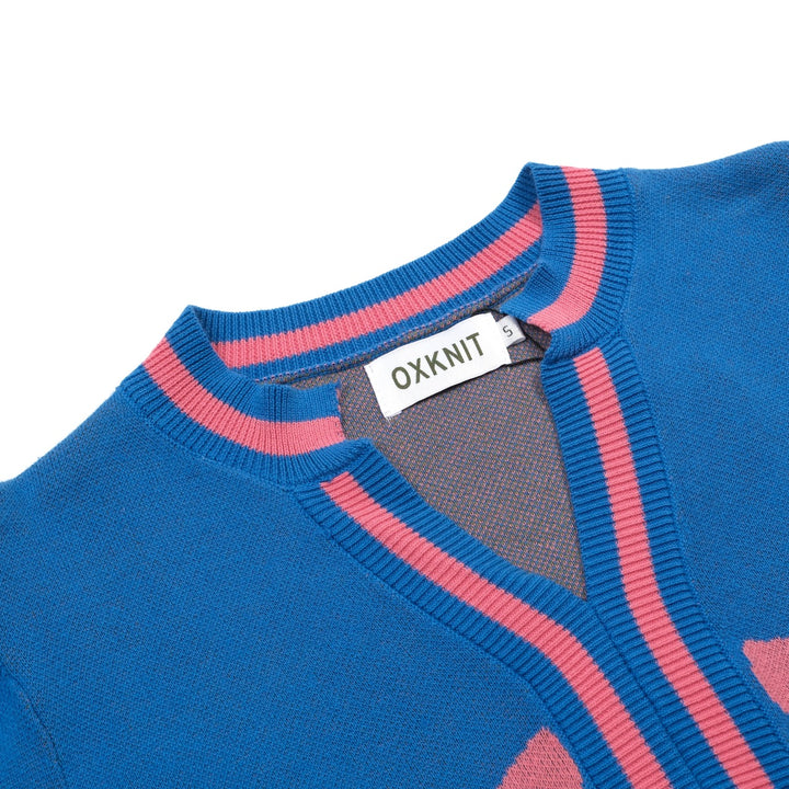 Dame Blå Retro T-shirt med Flæseærmer og Blomstret Jacquardstrik