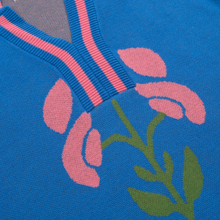 Dame Blå Retro T-shirt med Flæseærmer og Blomstret Jacquardstrik