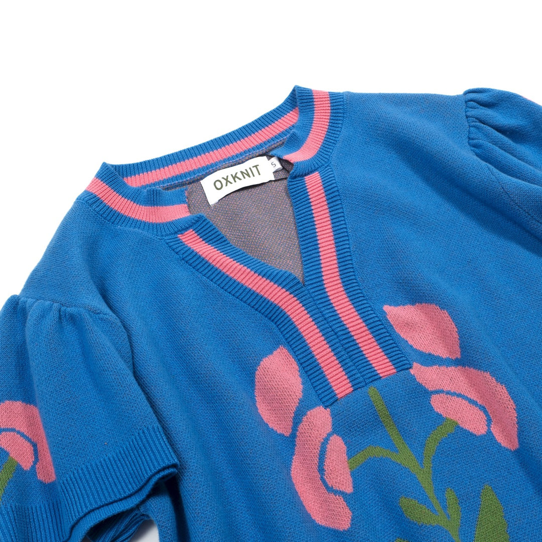 Dame Blå Retro T-shirt med Flæseærmer og Blomstret Jacquardstrik