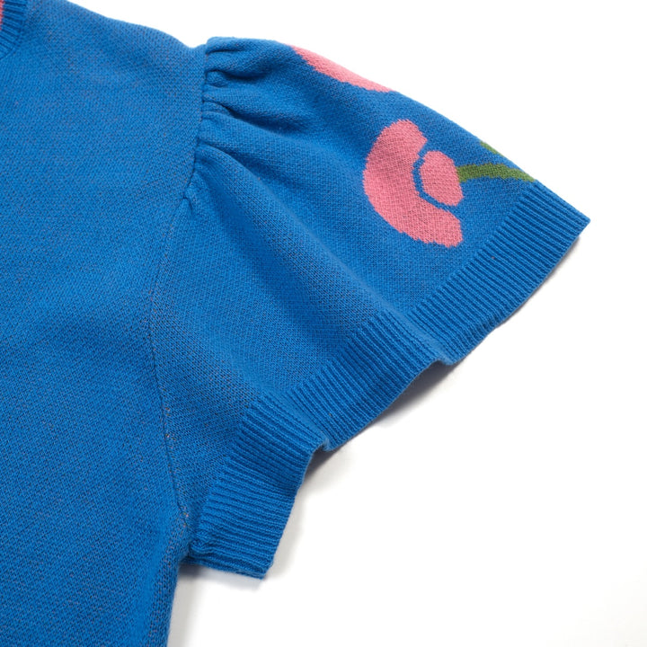 Dame Blå Retro T-shirt med Flæseærmer og Blomstret Jacquardstrik