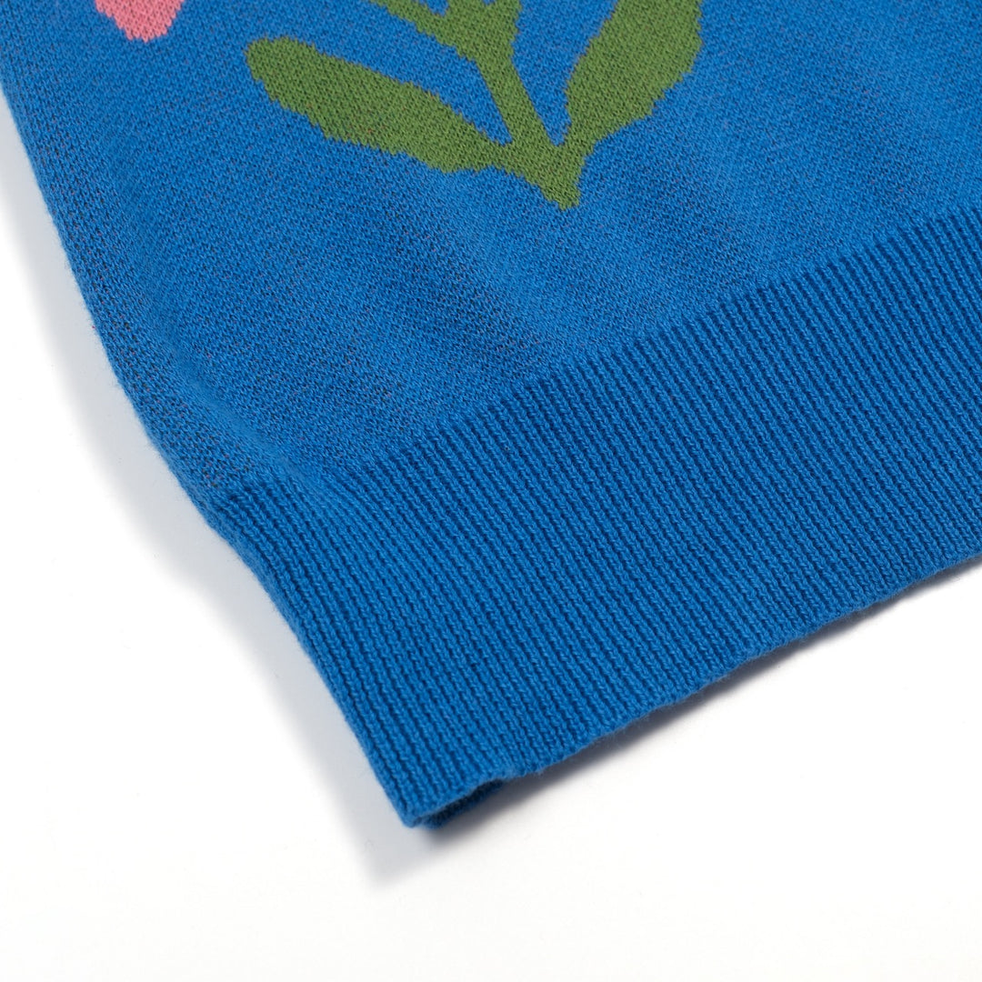Dame Blå Retro T-shirt med Flæseærmer og Blomstret Jacquardstrik