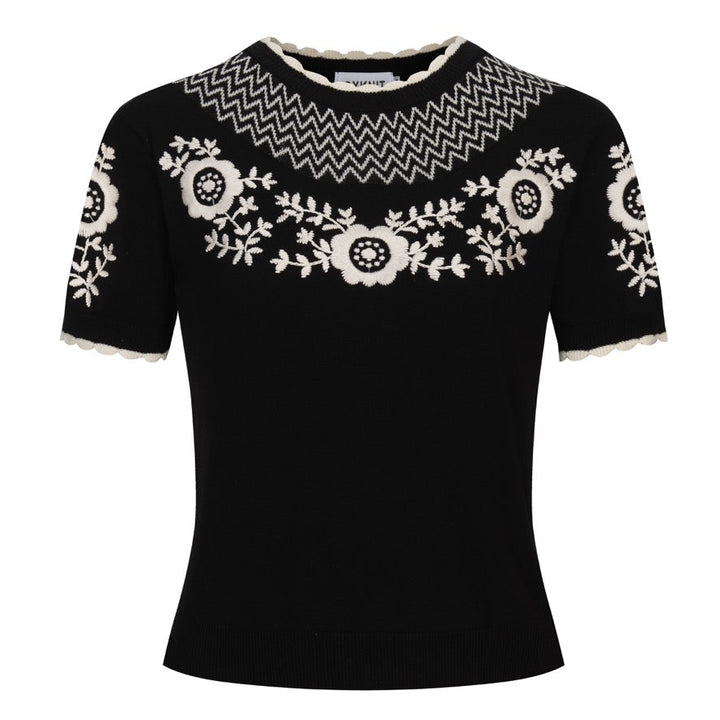 Damen Schwarzes Retro T-Shirt mit Blumenstickerei – Kurze Länge