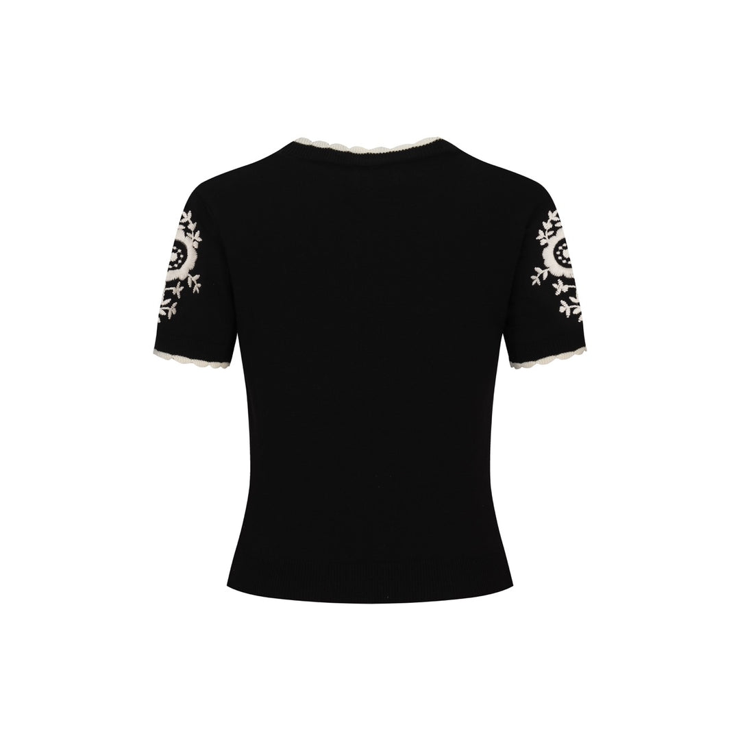 Damen Schwarzes Retro T-Shirt mit Blumenstickerei – Kurze Länge