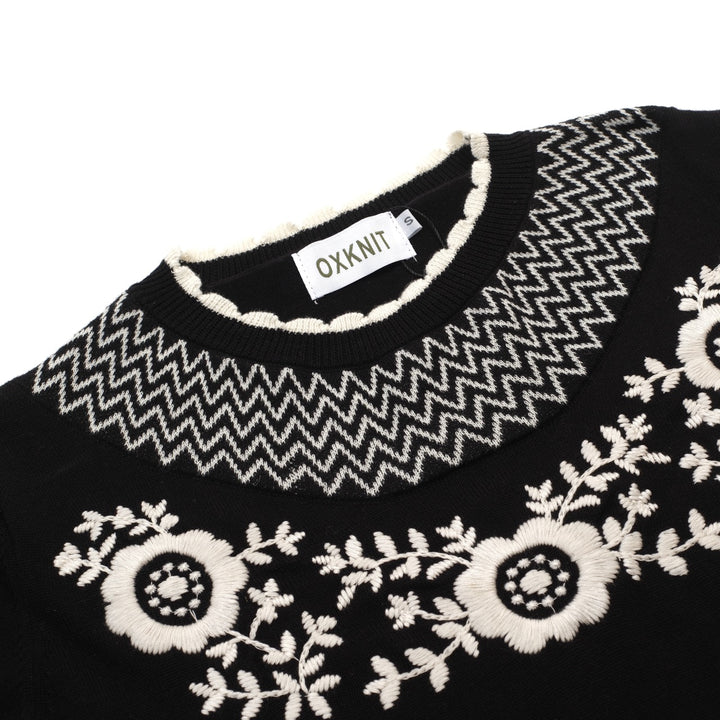 Damen Schwarzes Retro T-Shirt mit Blumenstickerei – Kurze Länge