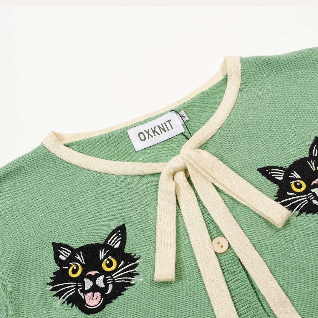 Suéter de punto con bordado de gato retro verde frijol para mujer - Largo cropped