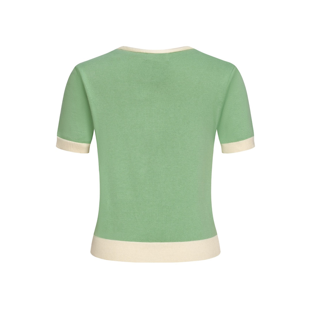 Suéter de punto con bordado de gato retro verde frijol para mujer - Largo cropped