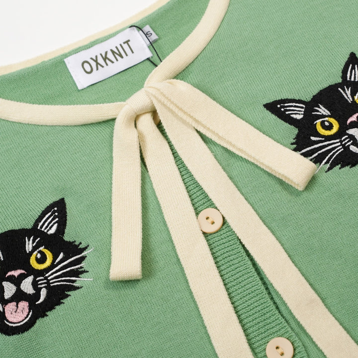 Suéter de punto con bordado de gato retro verde frijol para mujer - Largo cropped