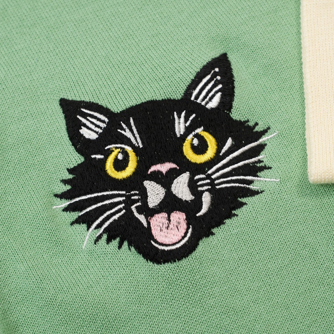 Suéter de punto con bordado de gato retro verde frijol para mujer - Largo cropped