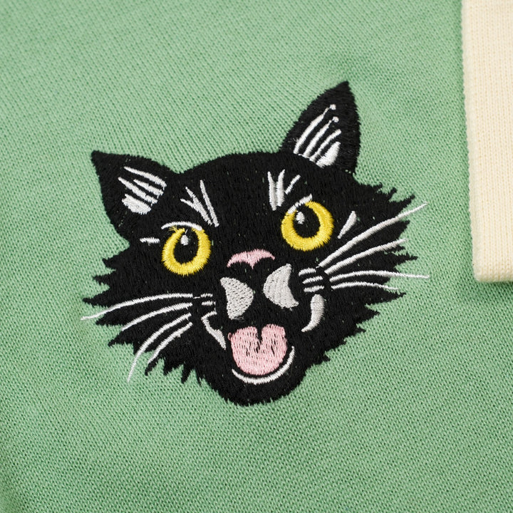 Suéter de punto con bordado de gato retro verde frijol para mujer - Largo cropped