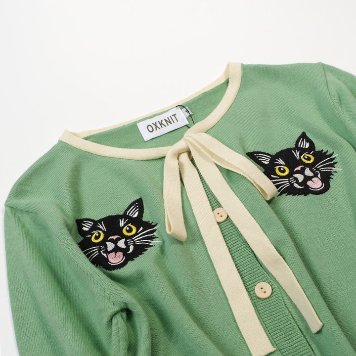 Suéter de punto con bordado de gato retro verde frijol para mujer - Largo cropped