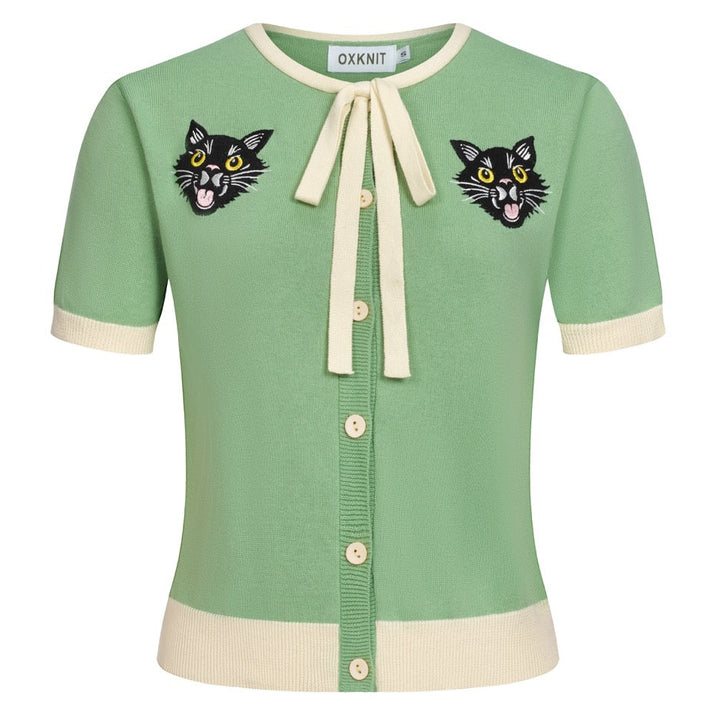 Suéter de punto con bordado de gato retro verde frijol para mujer - Largo cropped