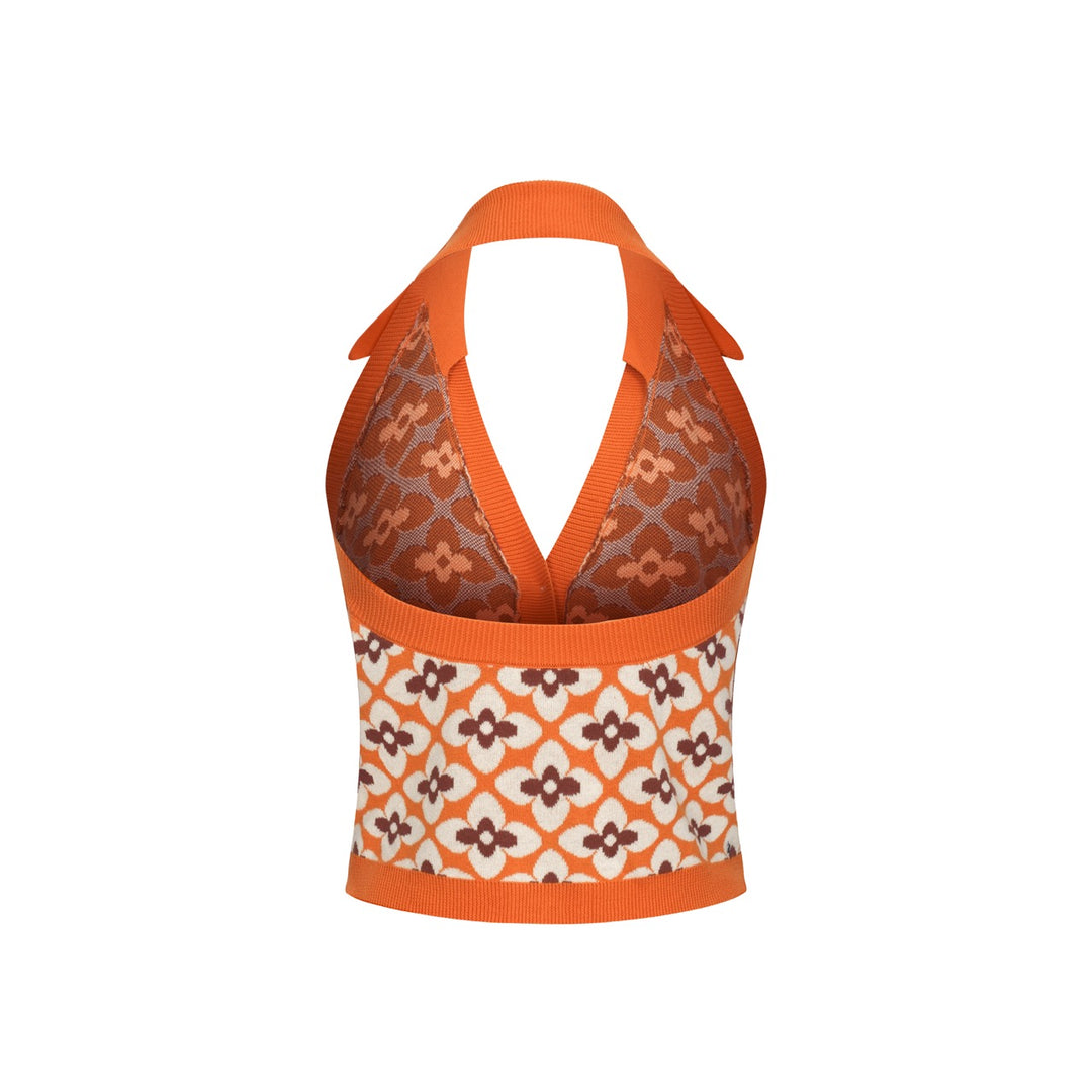 Colete de Malha Laranja Anos 60 com Decote Halter para Mulher