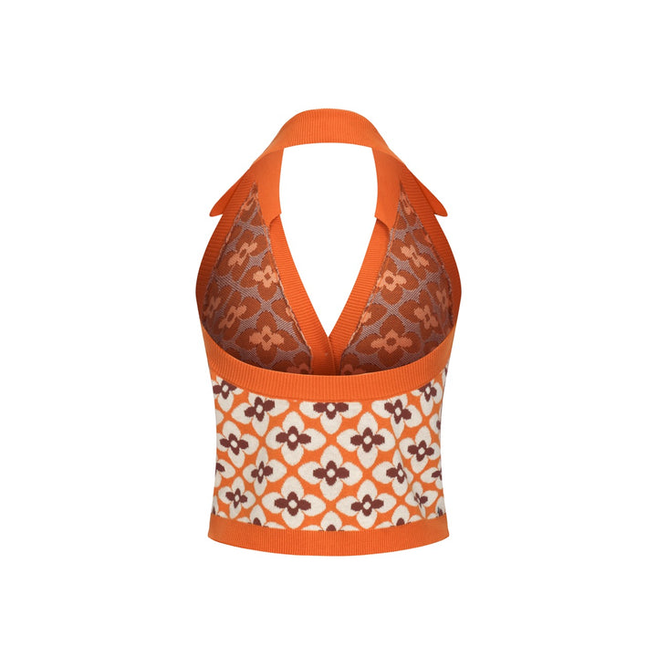 Colete de Malha Laranja Anos 60 com Decote Halter para Mulher