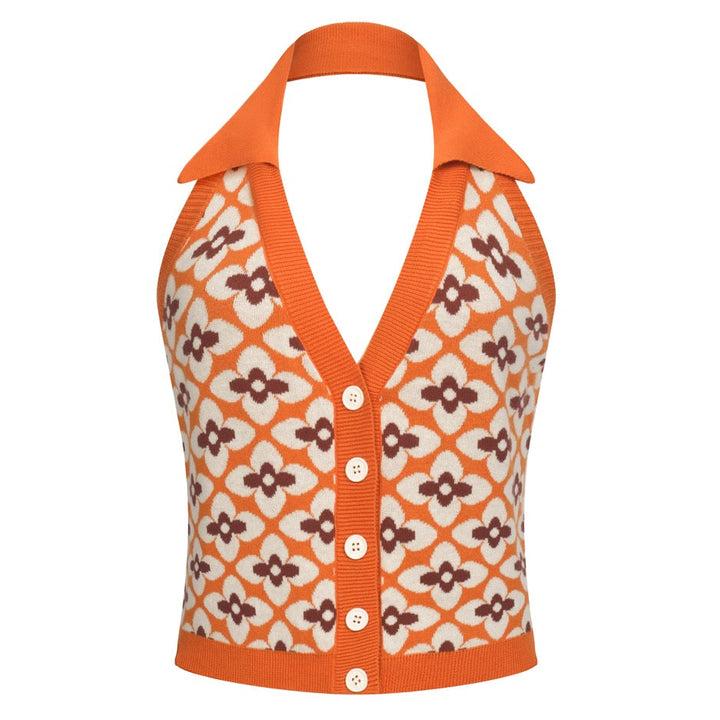 Colete de Malha Laranja Anos 60 com Decote Halter para Mulher