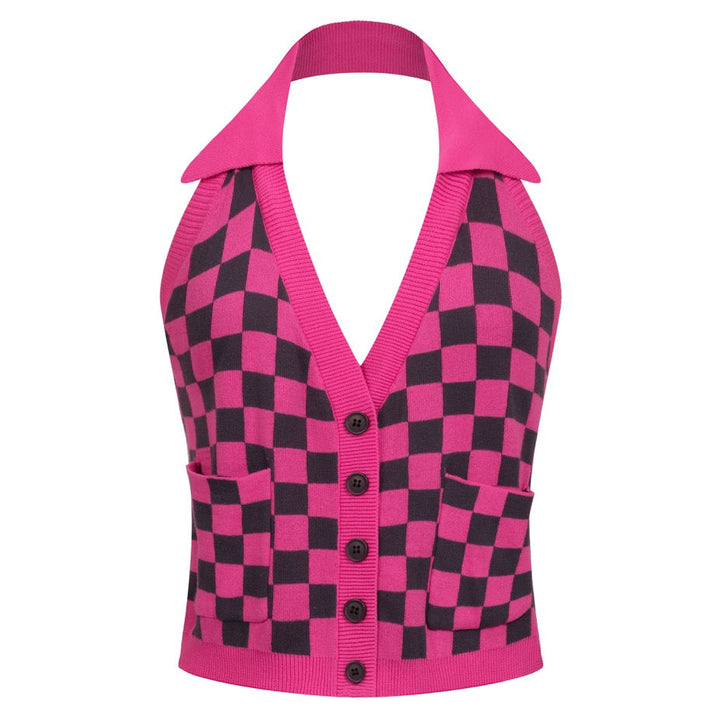 Camisola de Malha Retro Rosa com Padrão Xadrez para Mulher