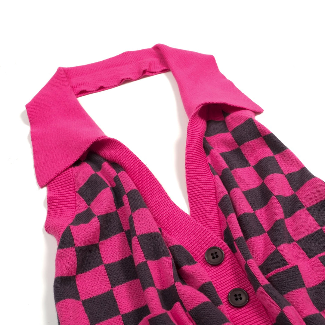 Camisola de Malha Retro Rosa com Padrão Xadrez para Mulher