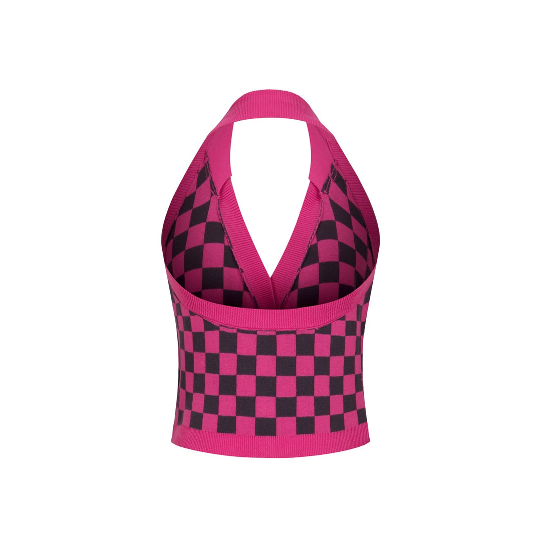 Camisola de Malha Retro Rosa com Padrão Xadrez para Mulher