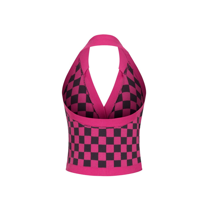 Camisola de Malha Retro Rosa com Padrão Xadrez para Mulher