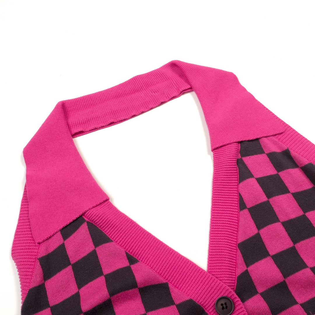 Camisola de Malha Retro Rosa com Padrão Xadrez para Mulher