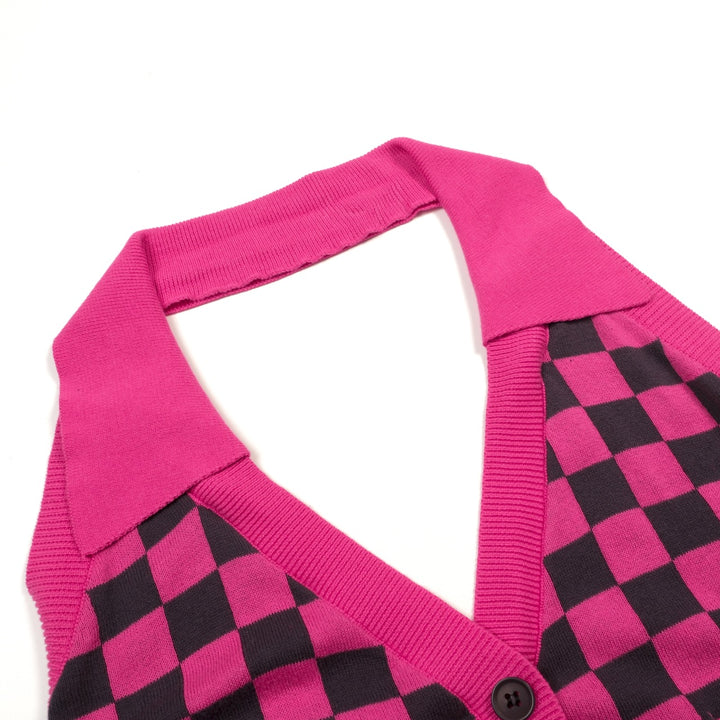 Camisola de Malha Retro Rosa com Padrão Xadrez para Mulher