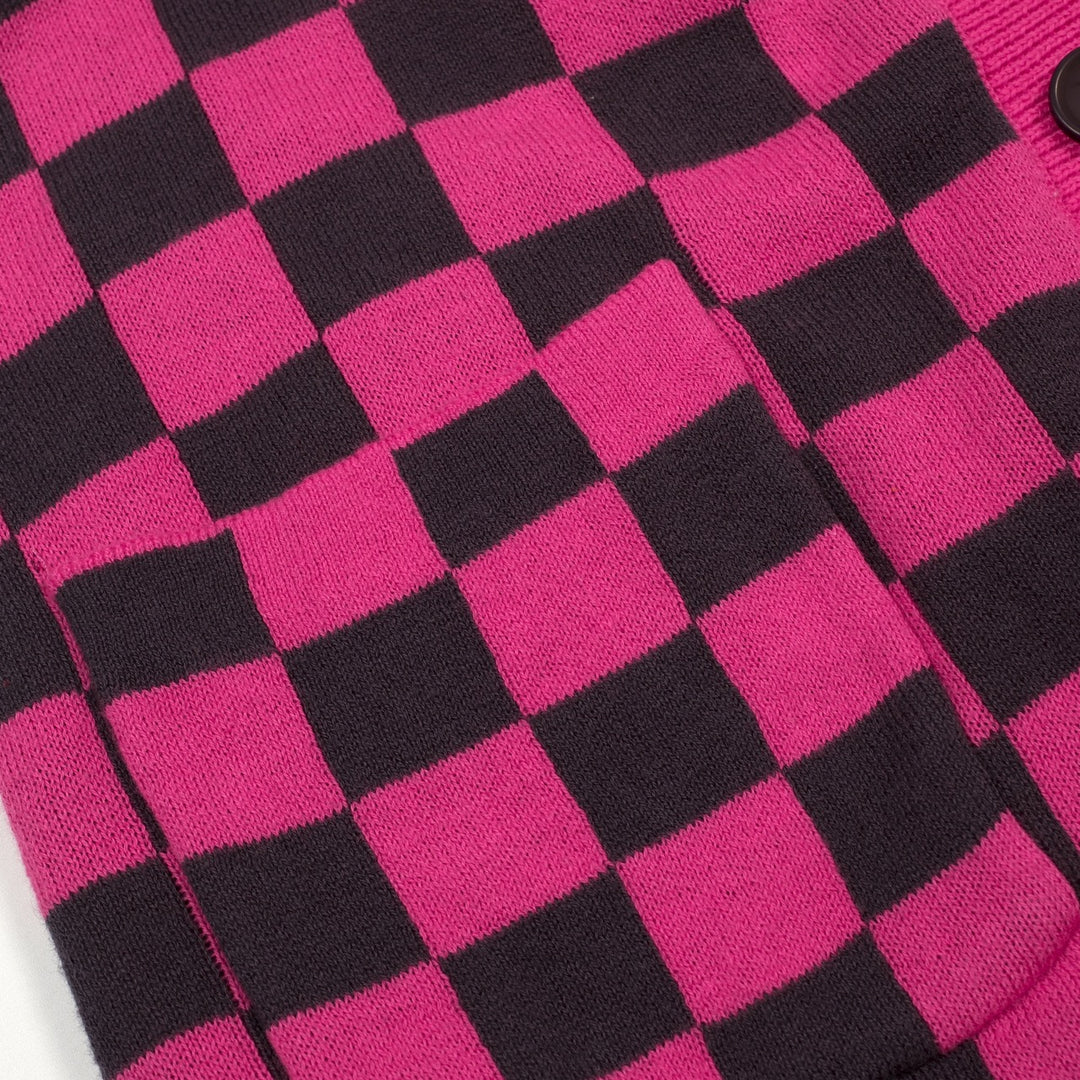 Camisola de Malha Retro Rosa com Padrão Xadrez para Mulher
