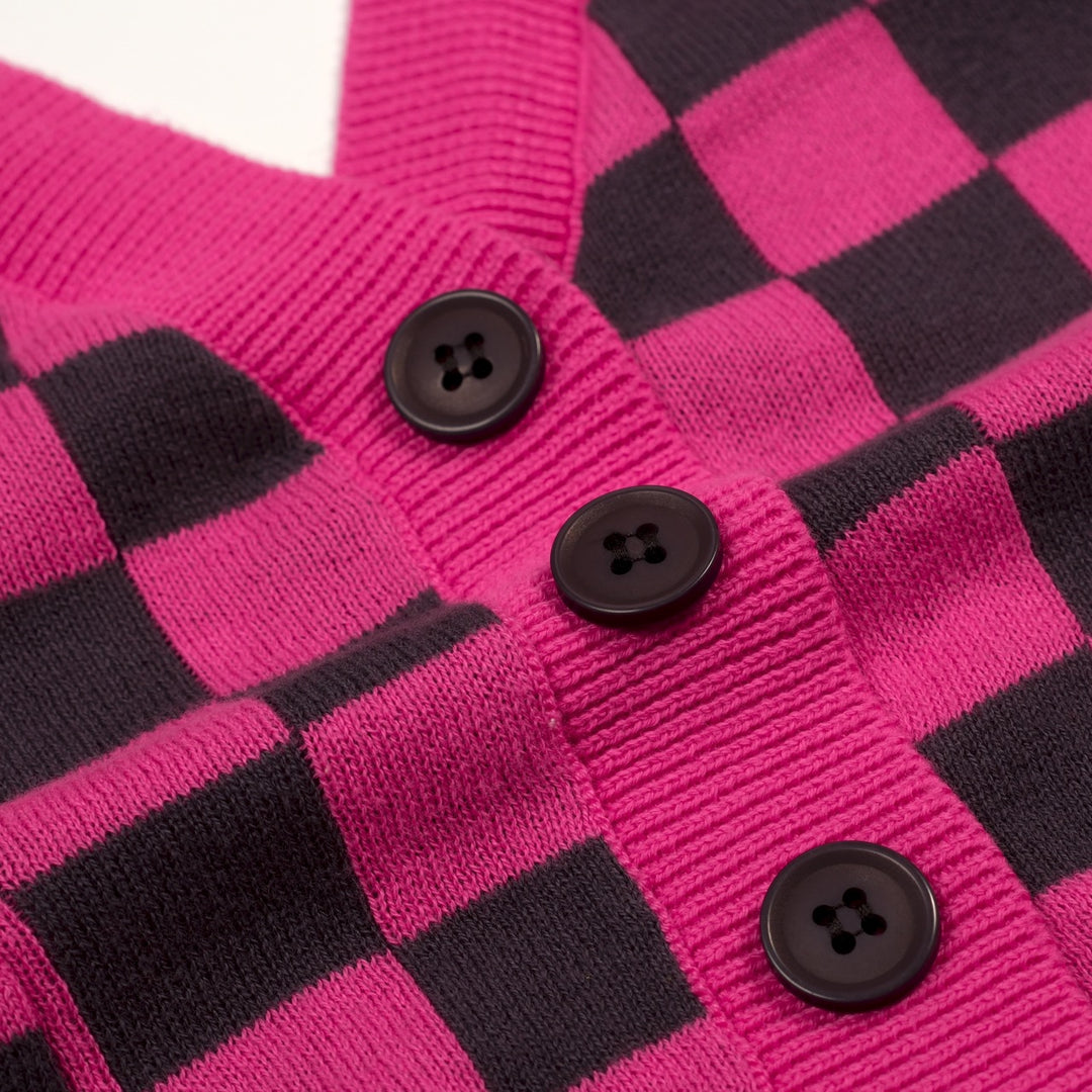 Camisola de Malha Retro Rosa com Padrão Xadrez para Mulher