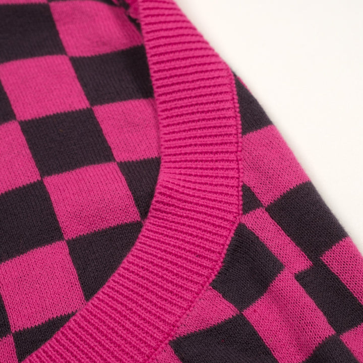Camisola de Malha Retro Rosa com Padrão Xadrez para Mulher