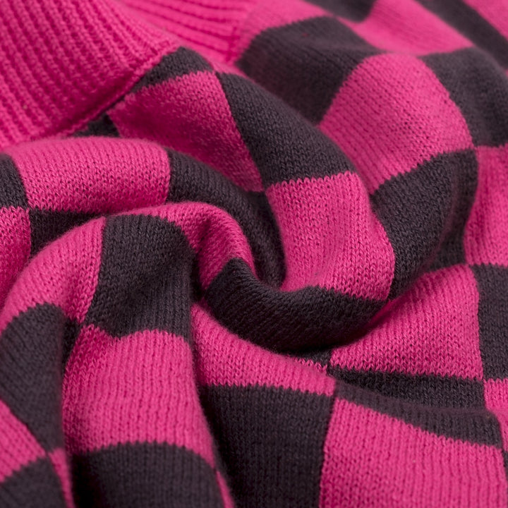 Camisola de Malha Retro Rosa com Padrão Xadrez para Mulher