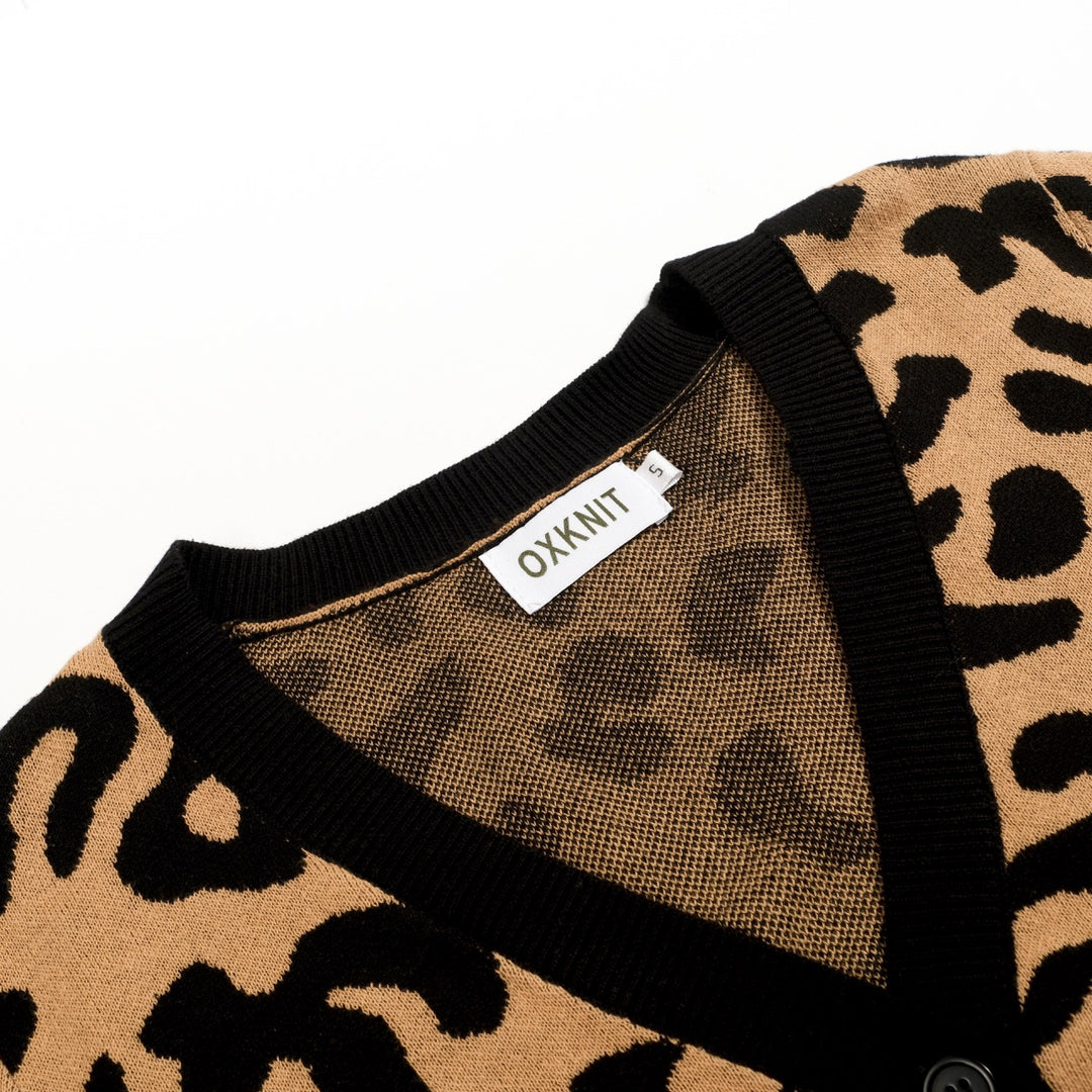 Maglietta Cardigan da Donna in Maglia Khaki Retrò con Nodo Frontale e Stampa Leopardo