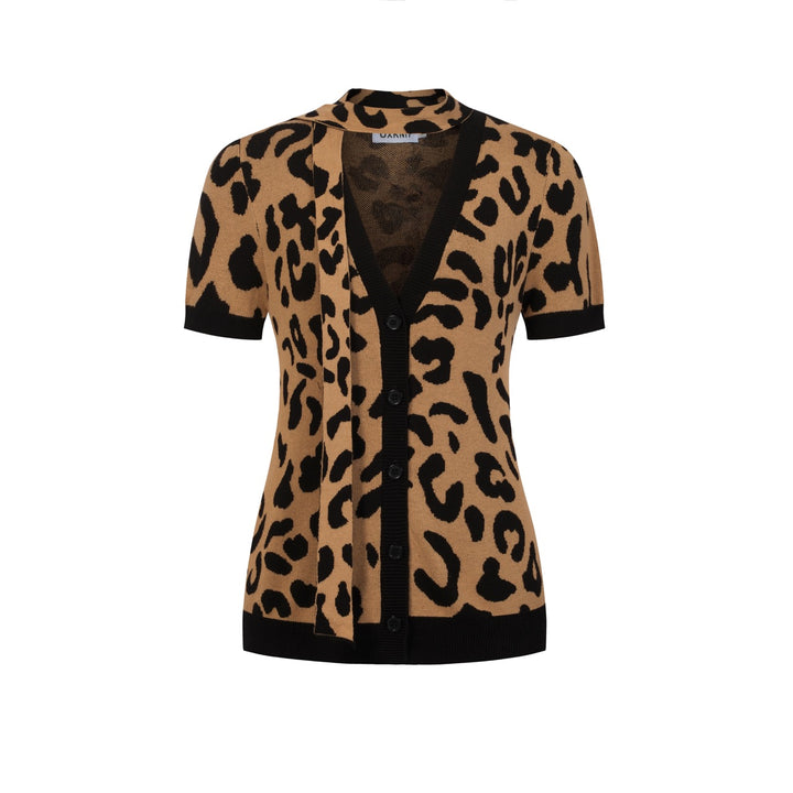 Maglietta Cardigan da Donna in Maglia Khaki Retrò con Nodo Frontale e Stampa Leopardo