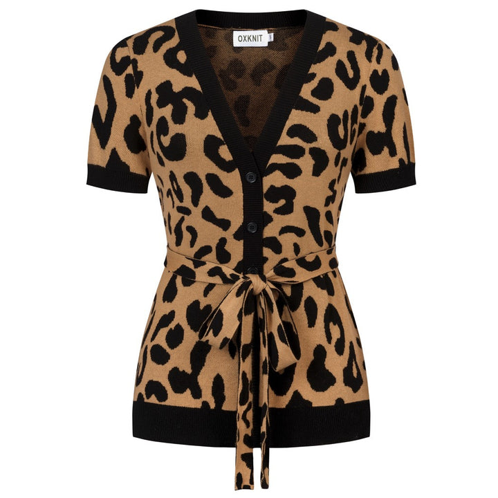 Maglietta Cardigan da Donna in Maglia Khaki Retrò con Nodo Frontale e Stampa Leopardo