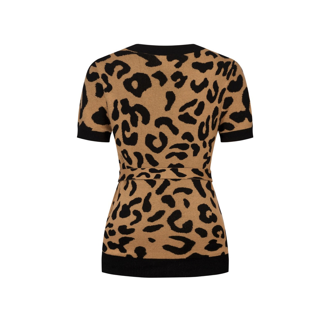 Maglietta Cardigan da Donna in Maglia Khaki Retrò con Nodo Frontale e Stampa Leopardo