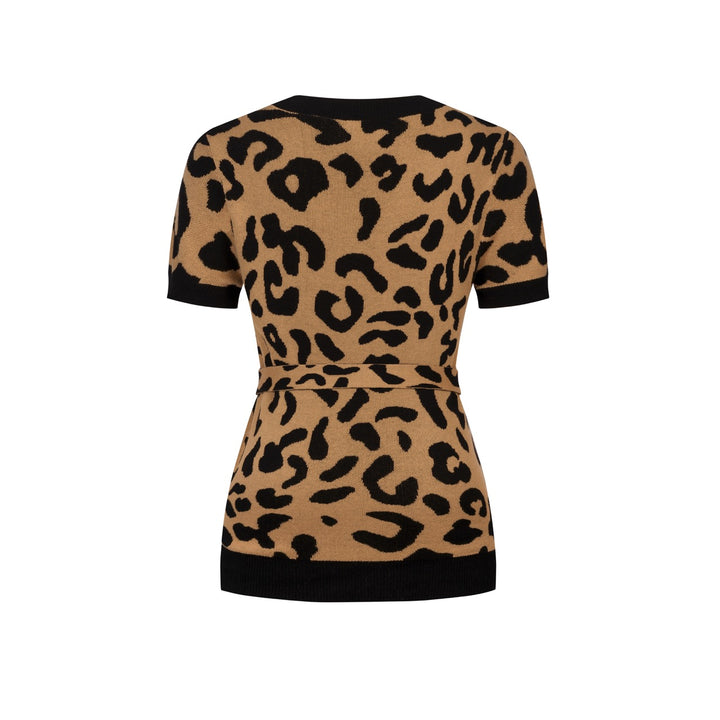 Maglietta Cardigan da Donna in Maglia Khaki Retrò con Nodo Frontale e Stampa Leopardo