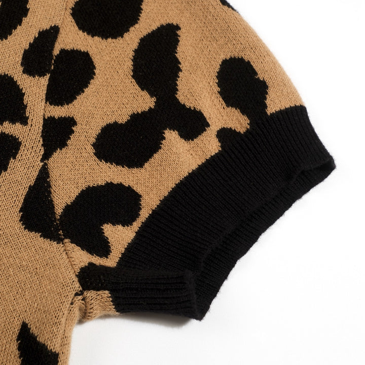 Maglietta Cardigan da Donna in Maglia Khaki Retrò con Nodo Frontale e Stampa Leopardo