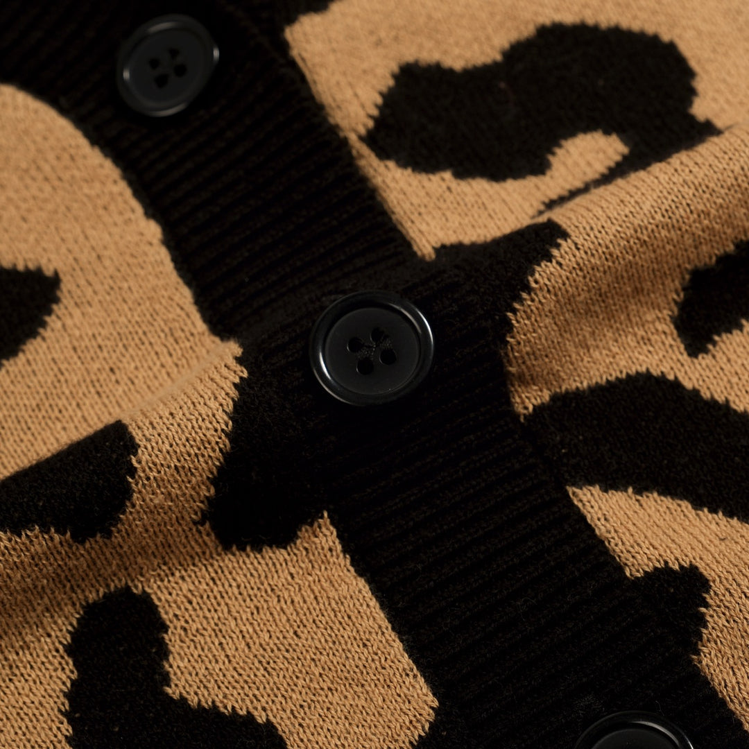 Maglietta Cardigan da Donna in Maglia Khaki Retrò con Nodo Frontale e Stampa Leopardo
